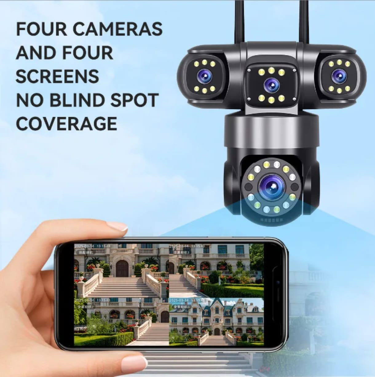 Caméra de Surveillance WiFi Intelligente 4 Objectifs 12MP avec Zoom X10 & PTZ (V380 Pro)