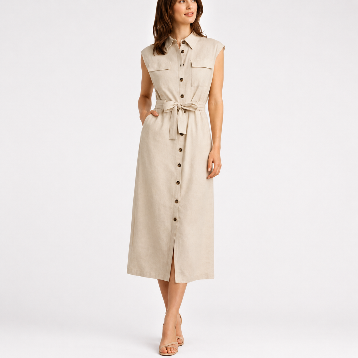 Robe Chemise Longue Kamraya en Lin sans Manches - Beige
