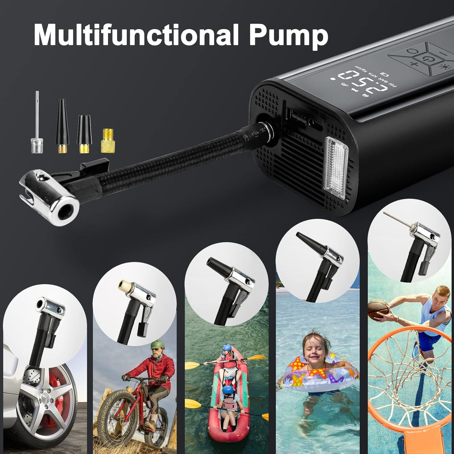 Compresseur à Air Portatif Electrique 150PSI 12V DC,Gonfleur Pneus Voiture,avec Lumière LED,Accessoire Voiture pour Hommes,Vélo Moto Bicyclette Auto Boule Balle