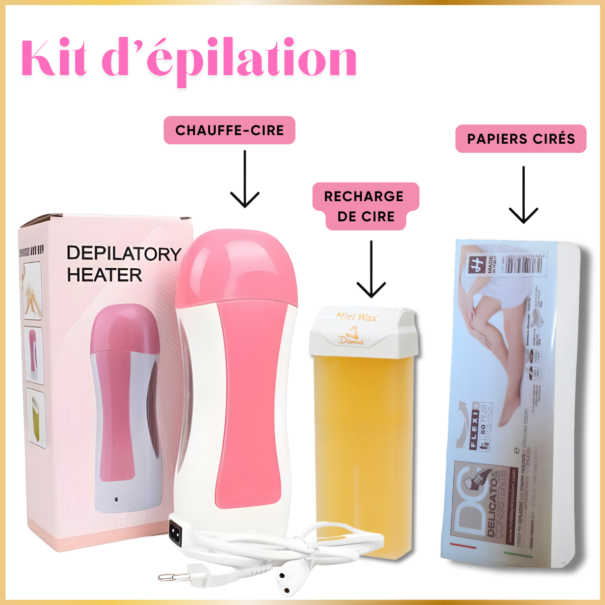 Kit Épilation Cire Miel Chauffe-Cire Électrique & Cartouche Roll Bright & Bandes