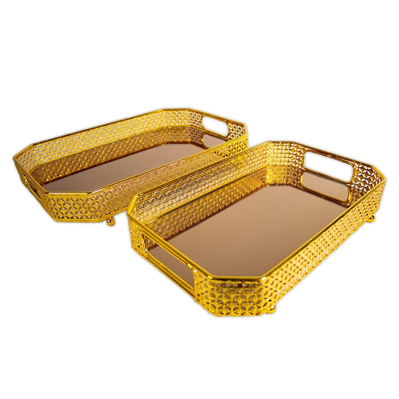 Série de 2 Plateaux Dorés en métal et verre Motif 3