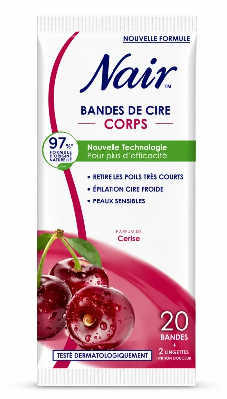 Bandes de Cire Froide Corps Nair Cerise (20 Bandes + 2 Lingettes)