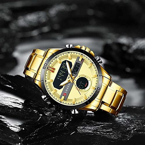Curren Montre numérique à quartz en acier inoxydable doré pour homme,