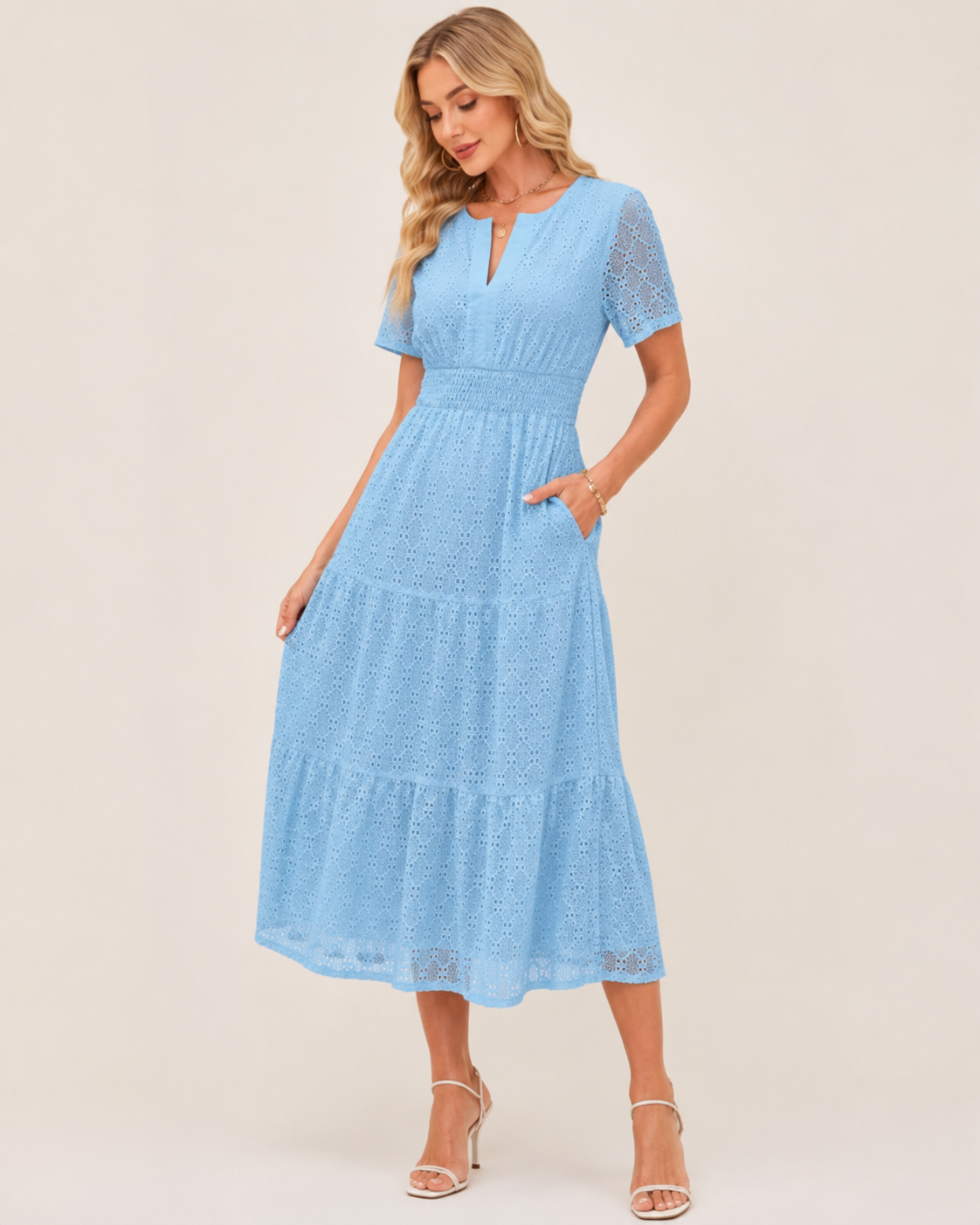 Robe Longue en Coton Brodé Forever New Eleanor - Bleu Ciel