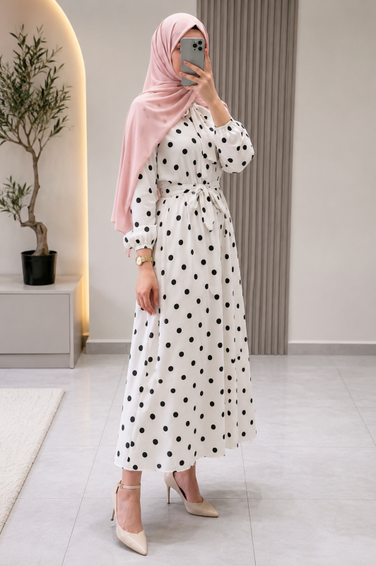 Robe Longue Polka à Pois pour Femme Voilée