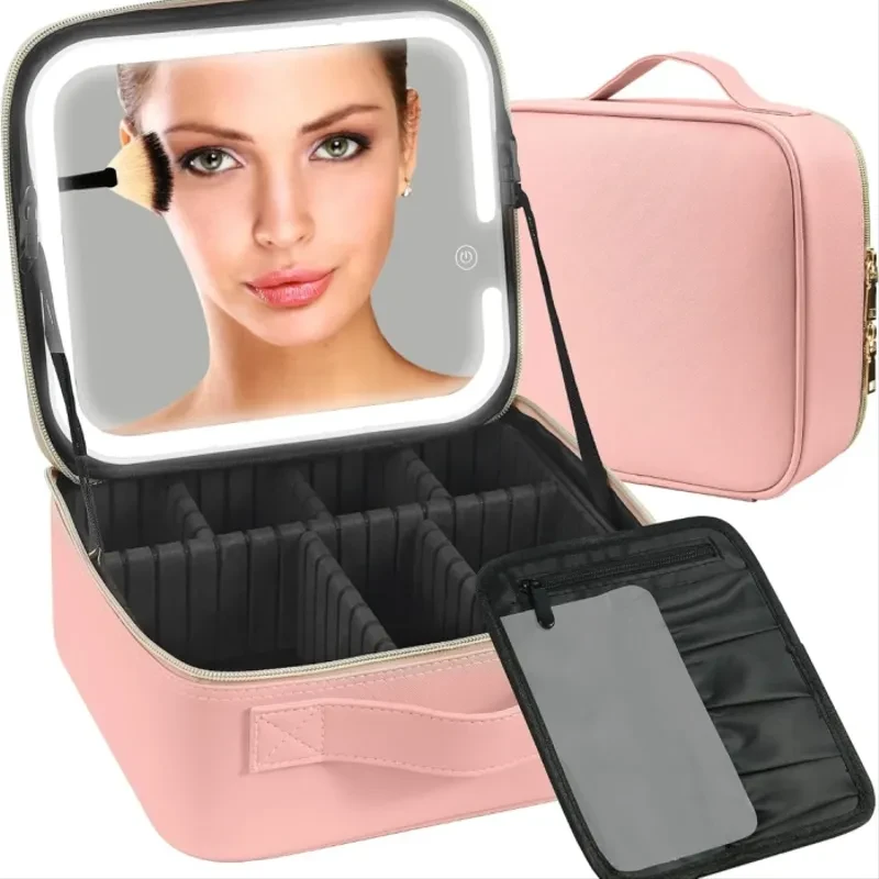 Trousse de Maquillage LED Rose de Voyage – Vanity Organisateur avec Miroir Lumineux Rechargeable & Compartiments Modulables