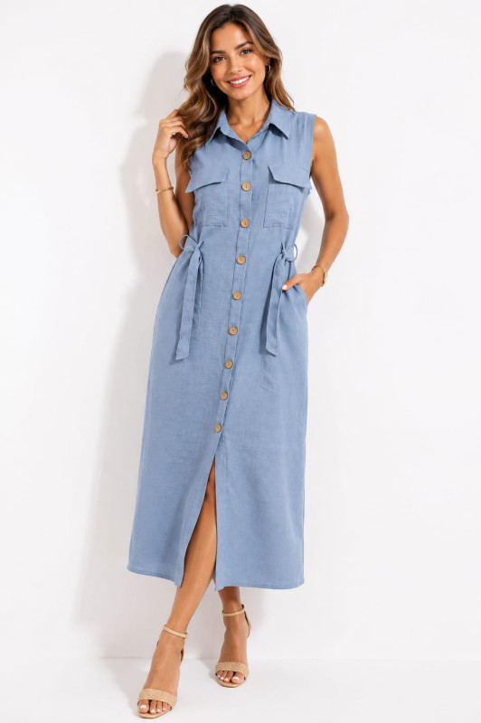 Robe Chemise Longue Kamraya en Lin sans Manches - Beige