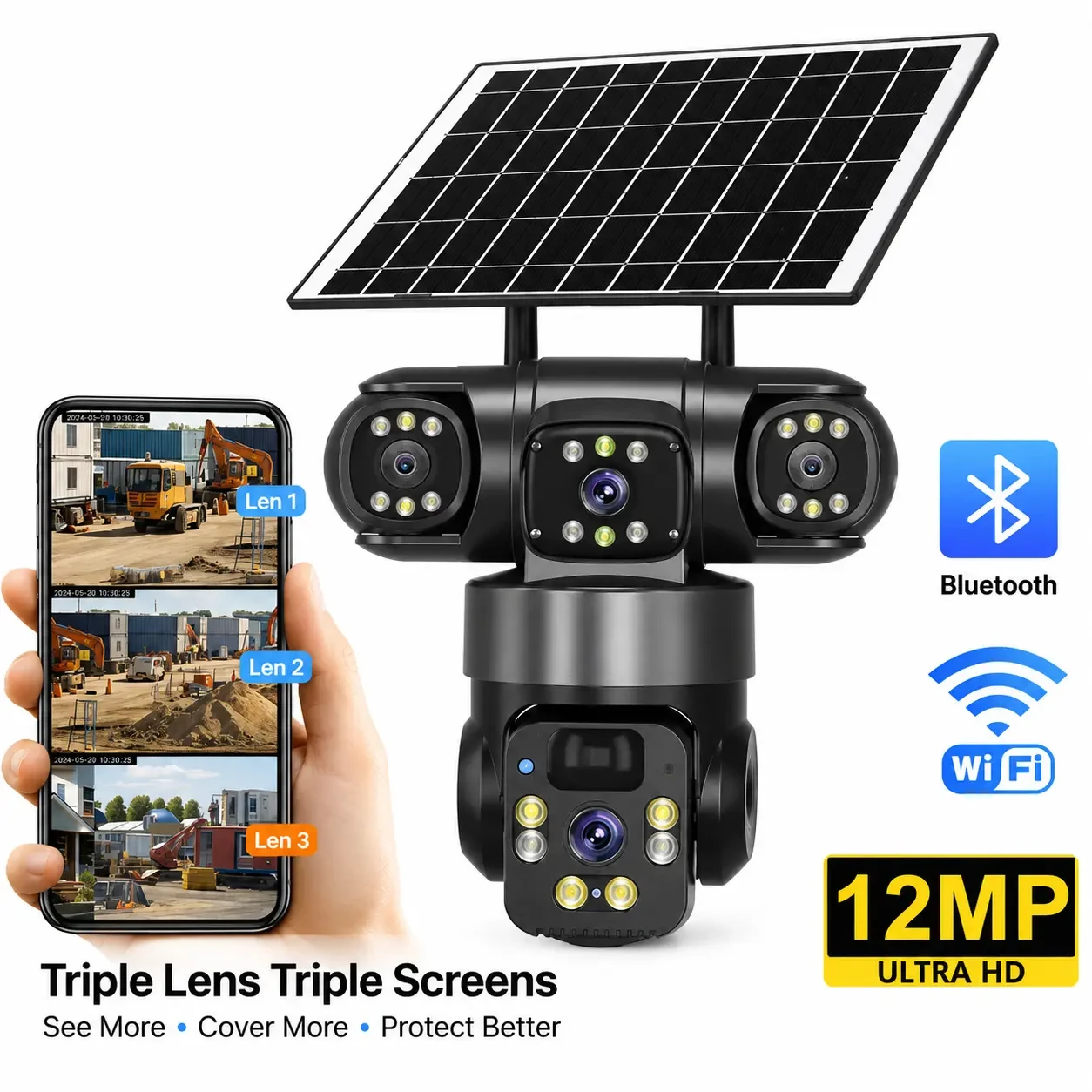Caméra Solaire Wi-Fi V380 12MP Tri-Objectif PTZ avec Détection PIR