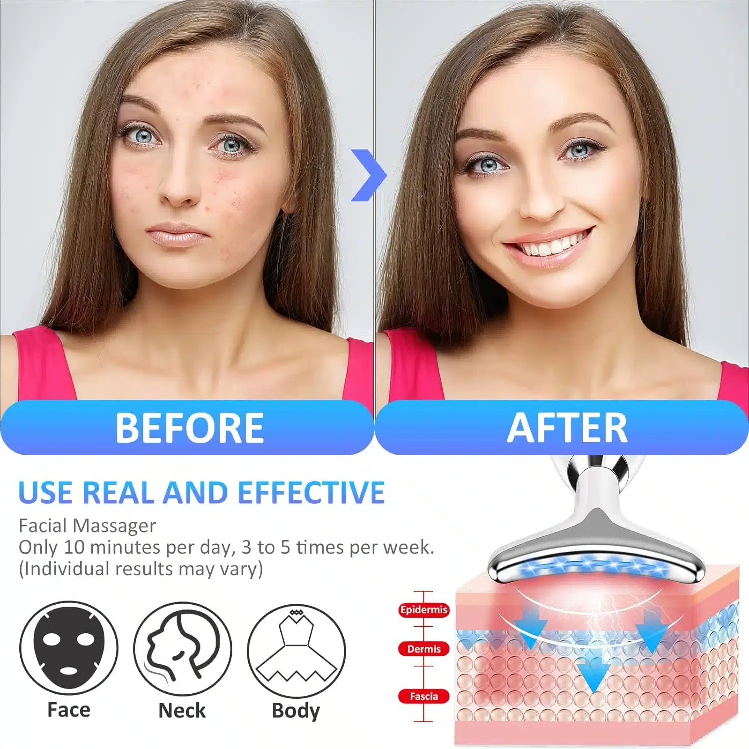 Appareil Anti Rides Visage, 7 Couleurs de Massage Visage,3 Modes cou Raffermissement du Visage