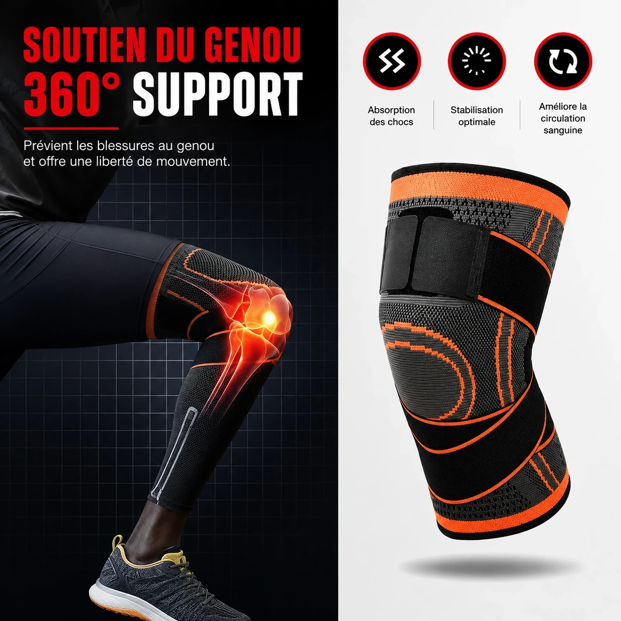 Genouillère de sport anti-douleur Neenca - Genouillère de protection pour genou (noir, orange)