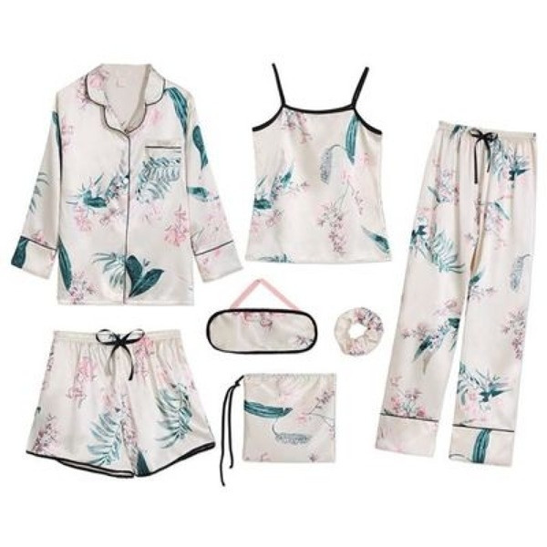 Pyjama satin femme 7 pièces – Imprimé floral (Blanc)