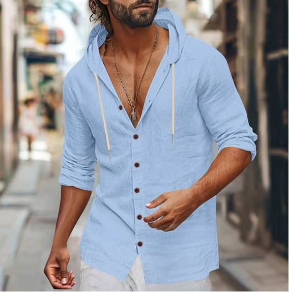 Chemises à manches longues en coton et lin pour hommes, chemises boutonnées, hauts d'été décontractés de style hawaïen, sweats à capuche légers et tendance
