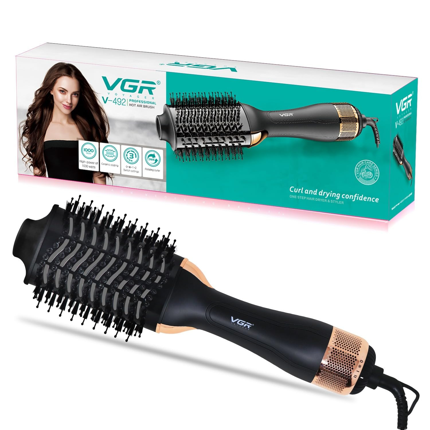 Brosse à air chaud professionnelle VGR V-492 avec moteur à courant continu, revêtement en céramique