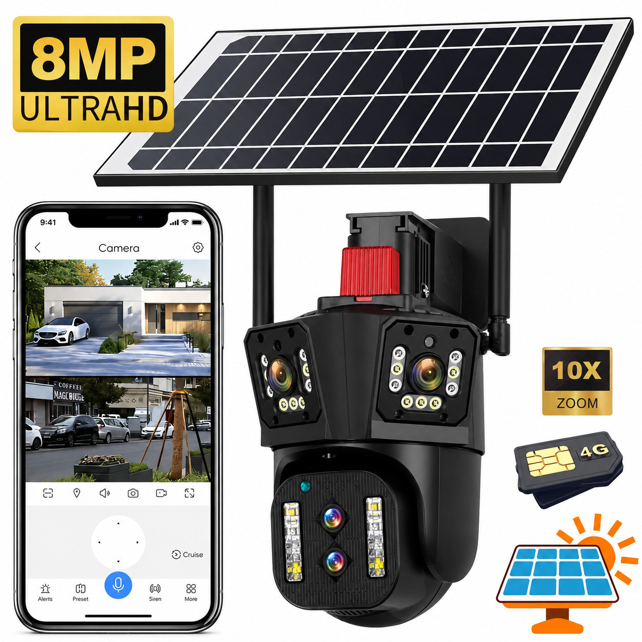 Caméra de Surveillance 4G Solaire Double Objectif - Zoom 10x