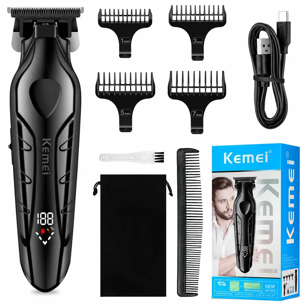 Kemei Tondeuse à Cheveux et Barbe Professionnelle Ecran – KM2269