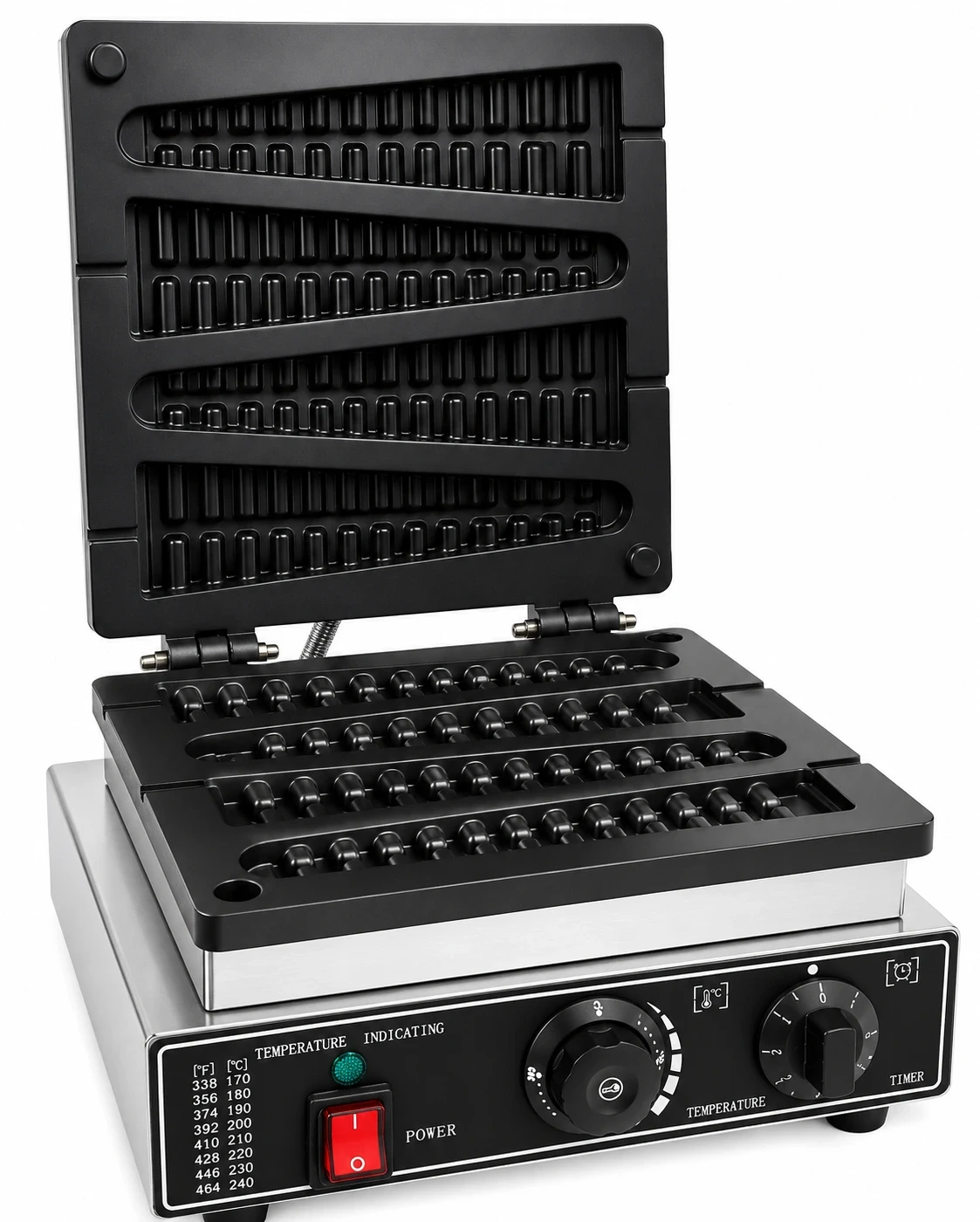 Gaufrier professionnel pour gaufres épis sur bâtonnet en acier inoxydable ouvert avec plaques antiadhésives et panneau de commande analogique