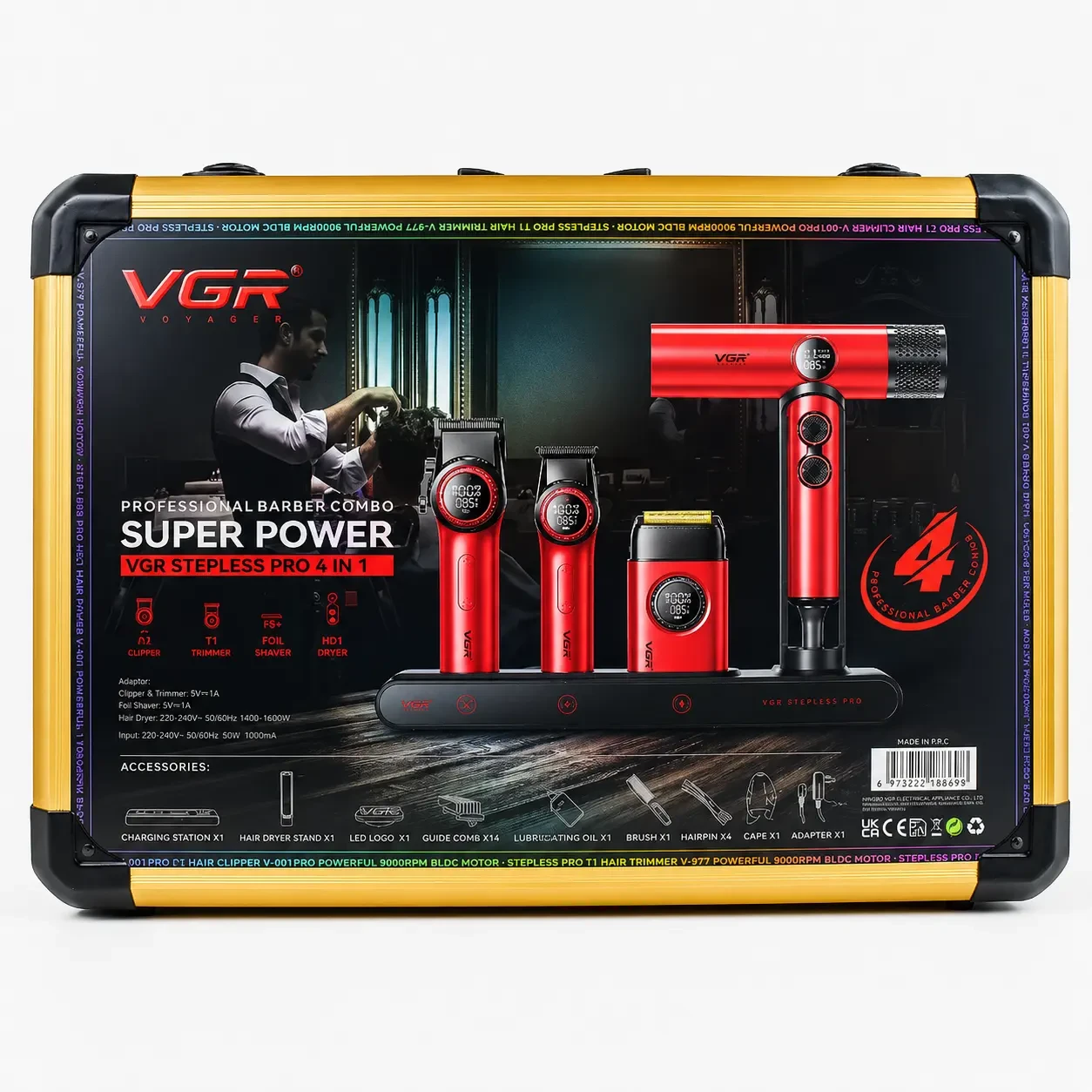 Kit Tondeuse 4-en-1 VGR Stepless Pro Professionnel - Rouge