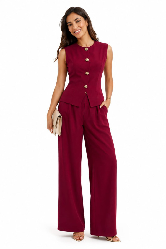 Ensemble Tailleur 2 Pièces Gilet sans Manches et Pantalon Large