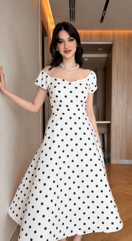 Robe Polka Vintage à Pois Coupe Évasée - Blanc et Noir