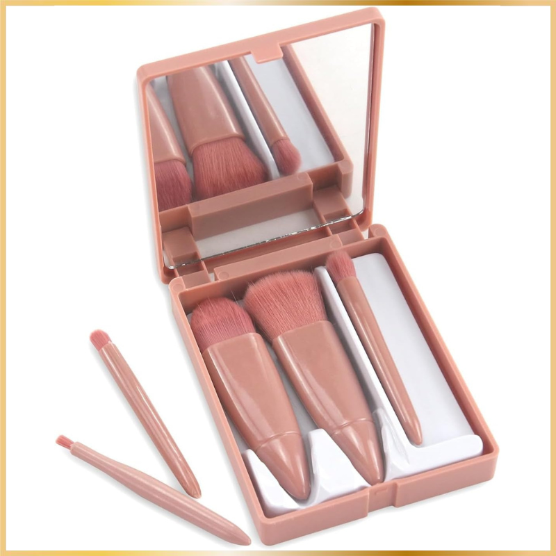 Mini Kit Pinceaux Maquillage avec Miroir – 5 Pièces