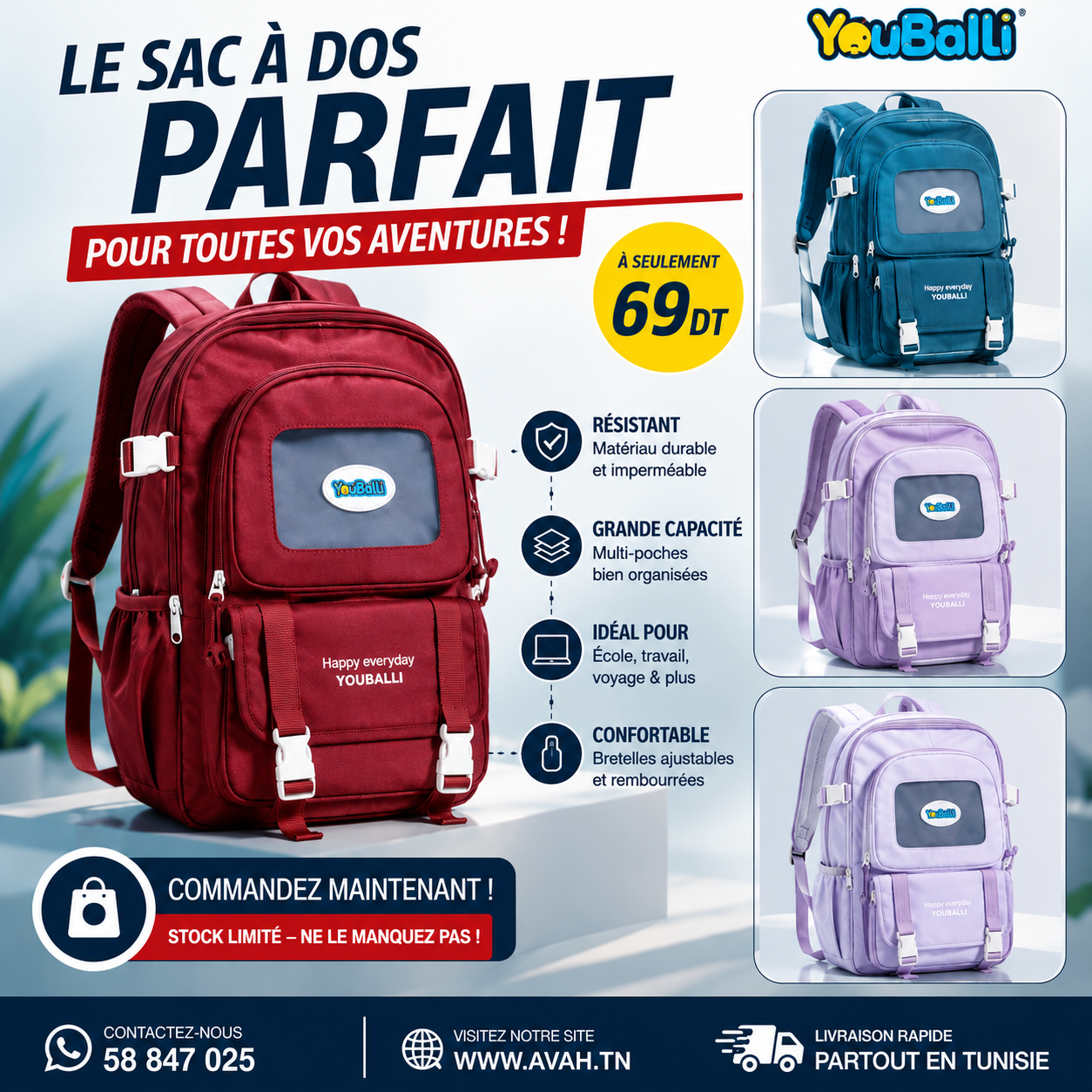 Sac à dos uni style Primaire -collège -Secondaire – Etudiant -Ordinateur -YOU BAILI